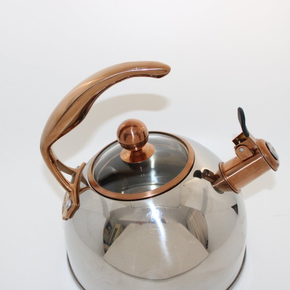 Viking 3Ply Stainless Steel Whistling Tea Kettle 2.6 Quart Silver Copper Mirror